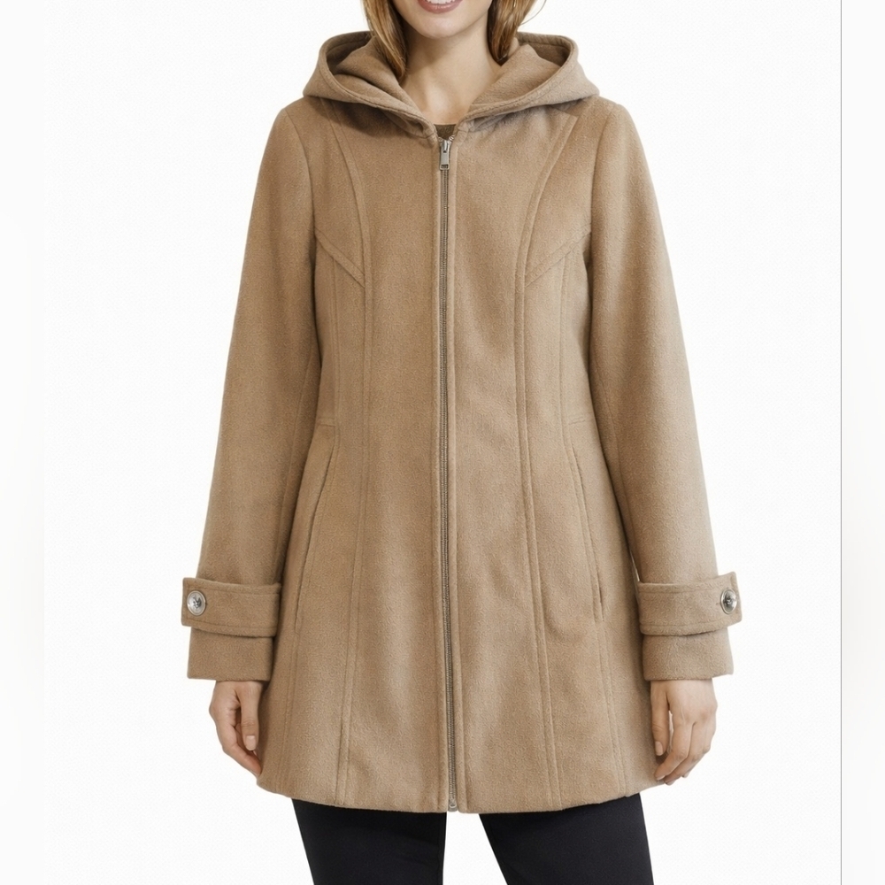 London Fog Hooded Zip Front Wool Blend Coat XS Tan Color